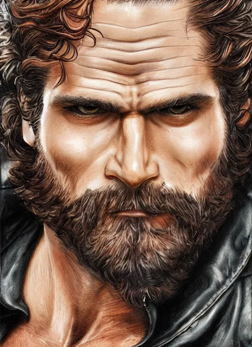 Prompt: portrait of henry caville, gritty, dark, wearing a undone leather jacket, hairy chest, very detailed eyes, hyperrealistic, very detailed painting by Glenn Fabry, by Joao Ruas, by Artgerm
