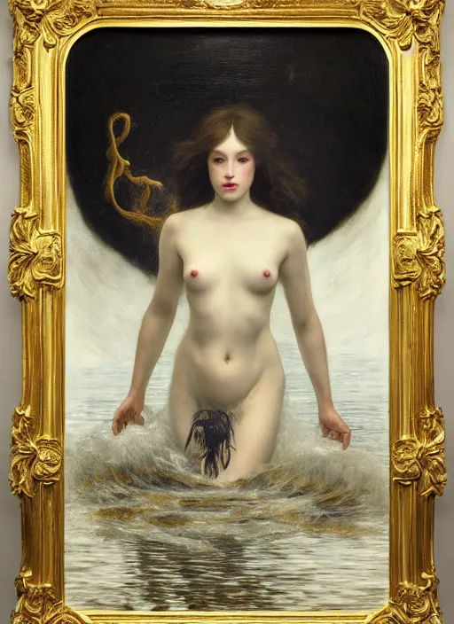 Prompt: highly detailed oil painting | very intricate | cinematic lighting | black, white and gold color scheme, dark background | a woman in lake ; water spirit ; slavic mythology | by roberto ferri, by gustav moreau, by singer sargent and gustav klimt, american romanticism, occult art | by austin osman spare, artstation, cgsociety, official art, octane