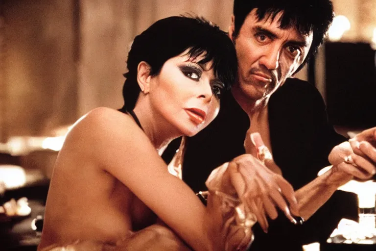 Image similar to morning light, highly detailed portrait of tony montana with elvira in his luxurious houseis atmospheric lighting, masterpiece, award winning by Emmanuel Lubezki