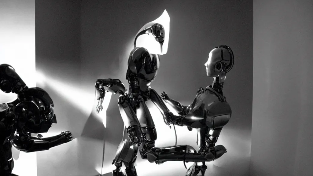 Image similar to movie still of a man transforming into a robot, cinematic composition, cinematic light, by david lynch and gaspar noe