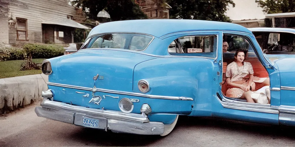 Prompt: a detailed color photography of a typical american blue car built in the year 1 9 5 0
