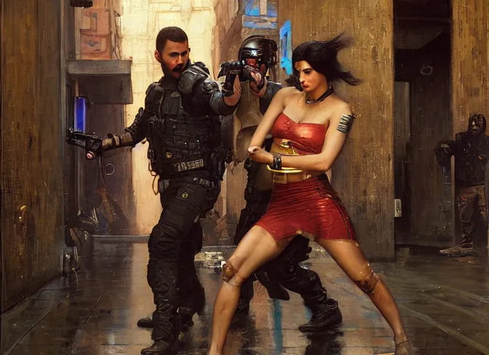 Image similar to Maria evades sgt griggs. Cyberpunk hacker escaping Cyberpunk policeman. (police state, Cyberpunk 2077, blade runner 2049). Cyberpunk Iranian orientalist portrait by john william waterhouse and Edwin Longsden Long and Theodore Ralli and Nasreddine Dinet, oil on canvas. Cinematic, Dramatic lighting.