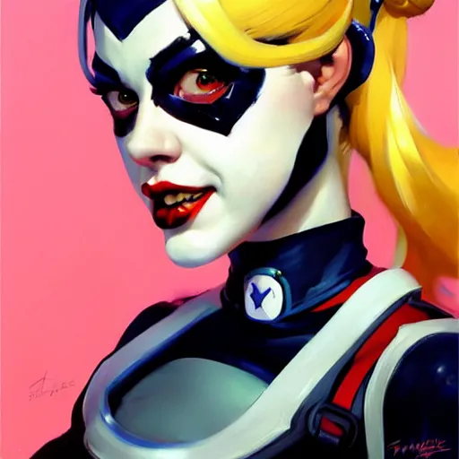 Image similar to Greg Manchess portrait painting of Harley Quinn as Overwatch character, medium shot, asymmetrical, profile picture, Organic Painting, sunny day, Matte Painting, bold shapes, hard edges, street art, trending on artstation, by Huang Guangjian and Gil Elvgren and Sachin Teng