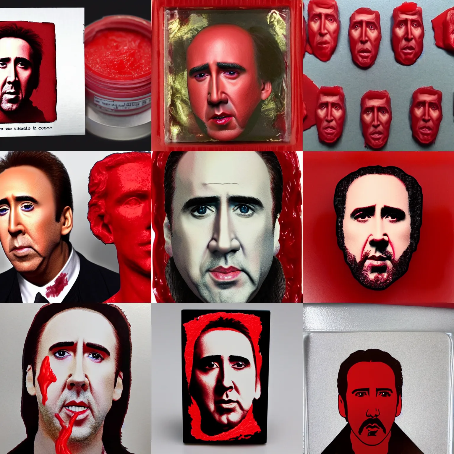 Prompt: nicolas cage made of red wax