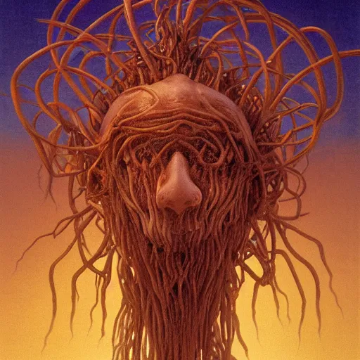 Image similar to a terrifying nature organic portrait of the flying spaghetti monster. natural lighting art dawn. highly detailed. colourful. moody. artstation, 4 k, by gerald brom zdzisław beksinski, and ansel adams and studio ghibli, horror, lots of sakura flowers, lovely, desperate