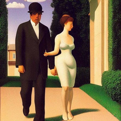 Prompt: an evening stroll with a man and his lady by Raphael, Hopper, and Rene Magritte. detailed, romantic, enchanting, trending on artstation.