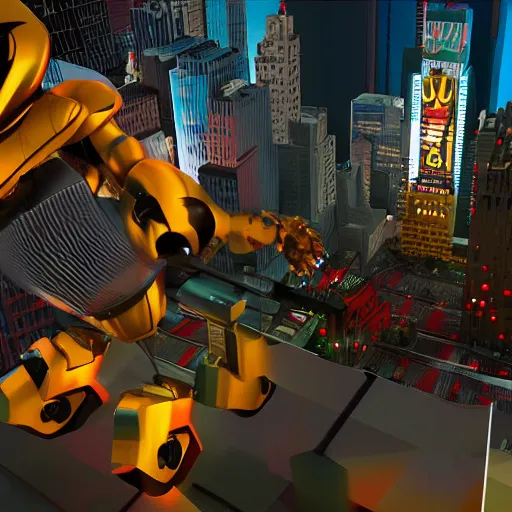 Image similar to Gigantic tin toy robot destroying new york at night, volumetric lighting, low angle looking up, unreal engine, H 1280