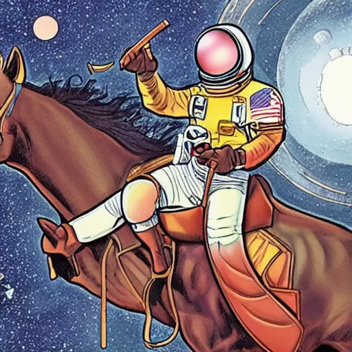 Prompt: a horse rides an astronaut, marvel comics page