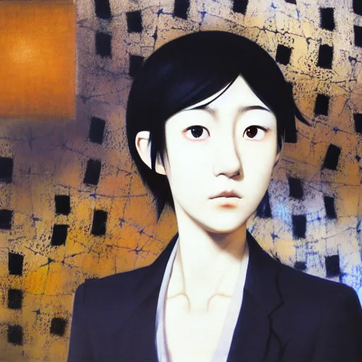 Image similar to yoshitaka amano blurred and dreamy realistic three quarter angle portrait of a young woman with short hair and black eyes wearing office suit with tie, junji ito abstract patterns in the background, satoshi kon anime, noisy film grain effect, highly detailed, renaissance oil painting, weird portrait angle, blurred lost edges