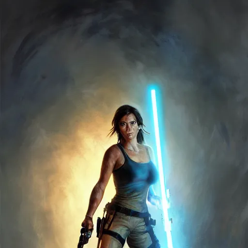 Image similar to Portrait Lara Croft wielding a blue Lightsaber, Tomb Raider, Alicia Vikander, beautiful, 4k oil on linen by wlop, artgerm, andrei riabovitchev, nuri iyem, james gurney, james jean, greg rutkowski, highly detailed, soft lighting 8k resolution