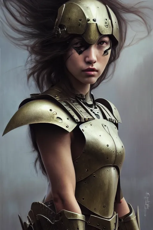 Image similar to a photorealistic painting of an attractive young girl, partially clothed in metal-plated battle armor, olive skin, long dark hair, beautiful bone structure, symmetrical face, perfect eyes, intricate, elegant, digital painting, concept art, illustration, sharp focus, minimal artifacts, from Metal Gear, in the style of Ruan Jia and Mandy Jurgens and Greg Rutkowski, trending on Artstation, award winning