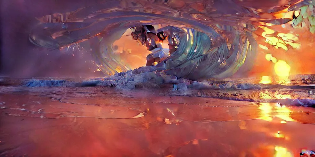 Image similar to mind bending ocean waves of glossy liquid honey drops flowing like psychedelic translucent amber, lsd waves, lsd ripples, backlit, sunset, refracted lighting, art by collier, albert aublet, krenz cushart, artem demura, alphonse mucha