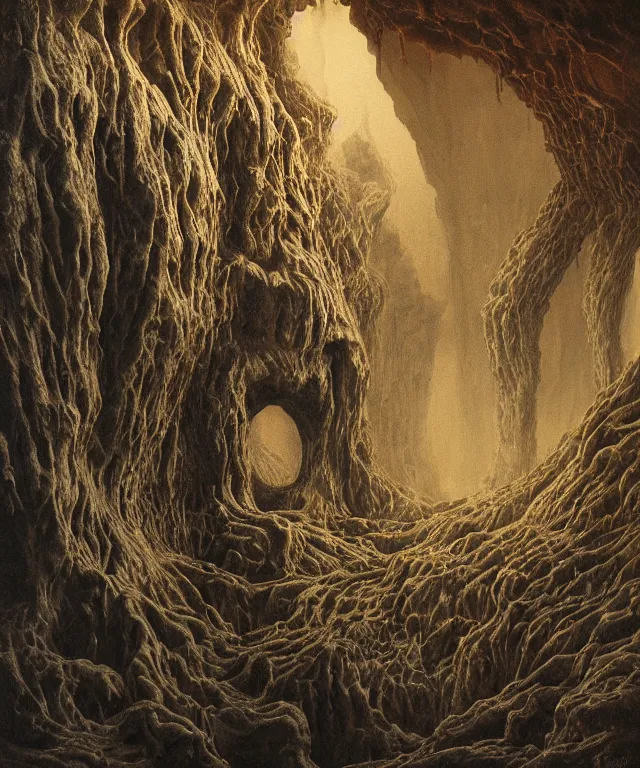 Prompt: a surreal, hellish, and maddening cave made of flesh going infinitely into the background in the style of zdzisław beksinski in the style of h. r. giger trending on artstation deviantart pinterest furaffinity detailed realistic hd 8 k high resolution