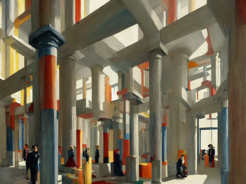 Image similar to colorful minimalist industrial interior hallway with monolithic pillars in the style of ridley scott and stanley kubrick, impossible stijl architecture, crowded with victorian era figures, ultra view angle view, realistic detailed painting by edward hopper