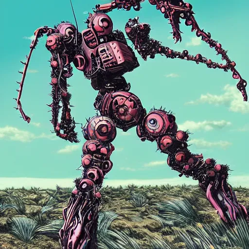 Image similar to spacepunk organic biomech living evangelion giant robot, made of spikes, lovecraftian, fullbody concept, surrounded by dunes, evil