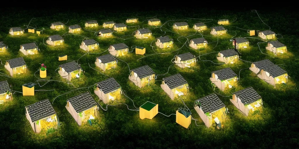 Prompt: connected ecovillage houses with solrarrofs, very big bees flying around - plant goddess high quality photo, microchip, artificial intelligence, bio - mechanical bio - luminescence, black wired cables, neurons, nerve cells, cinematic, rim light, photo - realistic, elegant, high detail, 8 k, masterpiece, high fashion, in the style of man ray