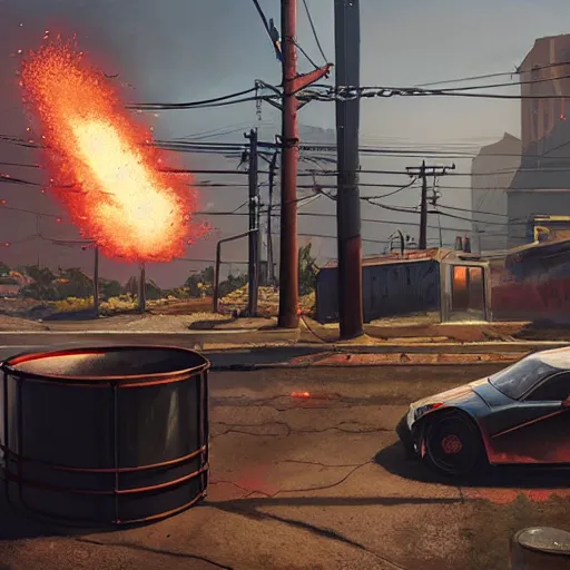 Image similar to huge black pack of c 4 - explosives on a red rusty oil - drum in gta v, stephen bliss, unreal engine, fantasy art by greg rutkowski, loish, rhads, ferdinand knab, makoto shinkai and lois van baarle, ilya kuvshinov, rossdraws, tom bagshaw, global illumination, detailed and intricate environment