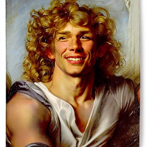 Image similar to beautiful portrait painting of He-Man with long curly blond hair, delicate young man wearing an open poet shirt smiling sleepily at the viewer, symmetrically parted curtain bangs, in love by Peter Paul Rubens and Norman Rockwell