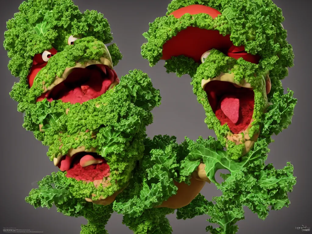 Image similar to highly detailed 3 d render of a raging mad angry kale character, as pizza topping, hyper realistic octane render, cinematic lighting, deviantart, lowbrow, surrealism, pixar still