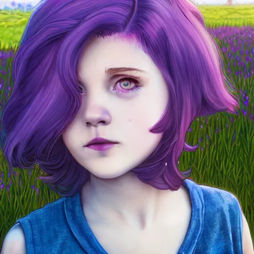 Prompt: Abigail from stardew valley, purple hair, blue eyes, farm background, large eyes, cgsociety, realistic, highly detailed, sublime, 16k, smooth, sharp focus, trending on ArtStation, hyperdetailed, volumetric lighting