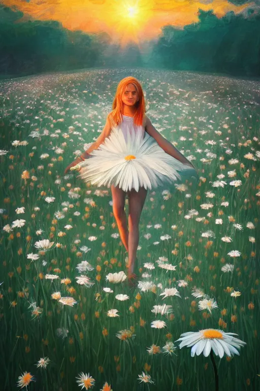 Image similar to veil giant white daisy flower as face, girl dancing in a flower field, surreal photography, sunrise, dramatic light, impressionist painting, colorful clouds, digital painting, artstation, simon stalenhag