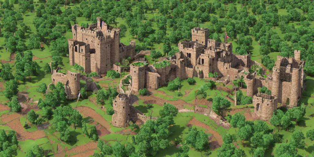 Prompt: medieval castle in a jungle with towers and moat, 3 d, isometric