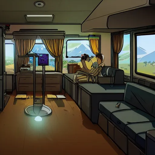 Prompt: interior of the meth lab rv from breaking bad, anime fantasy illustration by tomoyuki yamasaki, kyoto studio, madhouse, ufotable, square enix, cinematic lighting, trending on artstation