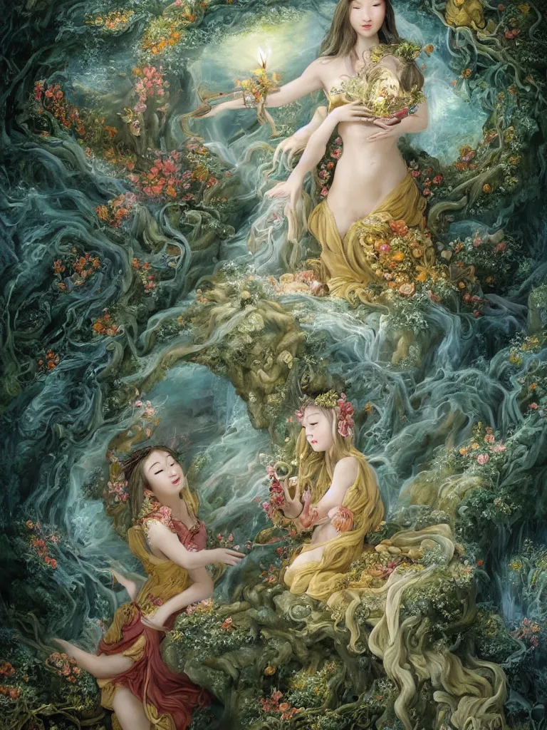 Prompt: A fantasy fairytale story telling style portrait painting, Chinese Sunflower Goddess, Mythic Island at the center of the Universe, accompany hybrid, intense smoldering, soul penetrating invasive eyes. fantasy atmospheric lighting, digital oil painting, hyperrealistic, François Boucher, Oil Painting, Cozy, hot springs hidden Cave, candlelight, natural light, lush plants and flowers, smooth cave rock, visually crisp & clear, Volumetric Golden dapple dynamic lighting, Regal, Refined, elegant, Spectacular Rocky Mountains, bright clouds, luminous stellar sky, outer worlds, cognitive Coherence cohesive character illustration, photorealistic, Theophanic atmospheric Vivarium, michael whelan, William-Adolphe Bouguereau, Michael Cheval, Crisp clear hd resolution, Digital Art, RPG portrait, Steampunk, hyperdetailed, artstation, cgsociety, Highly Detailed, Cinematic Lighting, HD render to resolute focused perfecta resolution, unreal 5, DAZ, hyperreality, octane render, Unreal Engine, 8k, HD,