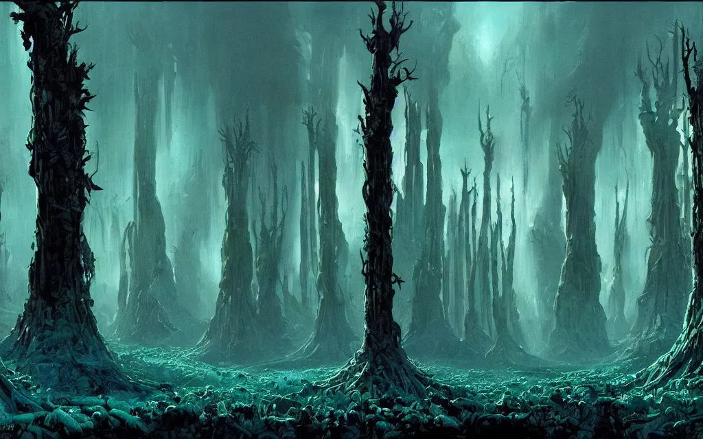 Image similar to a beautiful highly detailed matte painting of an alien planet with giant dead and intricate trees with crystals made of jade in a desolate forest with teal colors by Phil Hale concept art