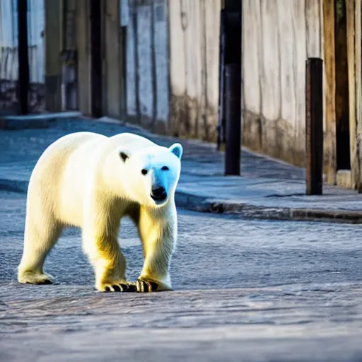 Image similar to a polar bear walking through the streets of rio de janeiro. photo. award - winning photography.