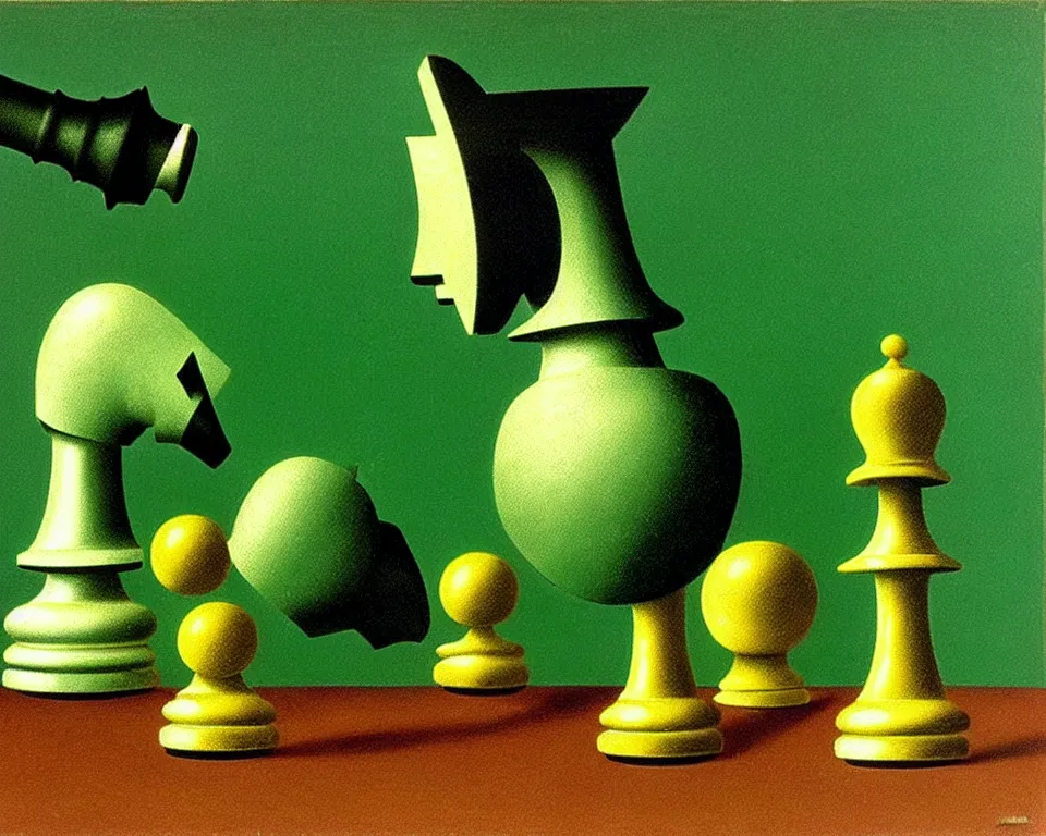 Prompt: a chess set on a green background by raphael, hopper, and rene magritte. pop art, detailed, proportional, romantic, enchanting