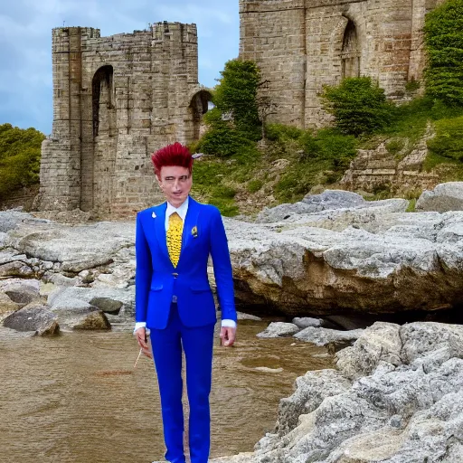 Prompt: photograph of Ruby Rose with spiky red hair and wearing gold contact lenses and dressed in a blue men's suit with a yellow tie, standing on a stone bridge with a fantasy city of tall stone towers in the background