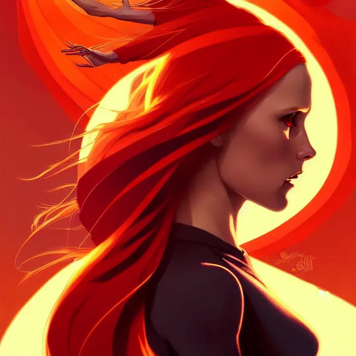 Image similar to style artgerm, joshua middleton, gerald brom, beautiful kristen bell with dark red dress, very long orange hair, symmetrical face, symmetrical eyes, fire powers fire swirling, detailed, volcano setting, cinematic lighting