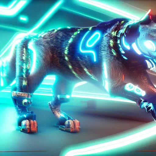 Image similar to a neon cyberpunk cyborg jaguar animal, octane render