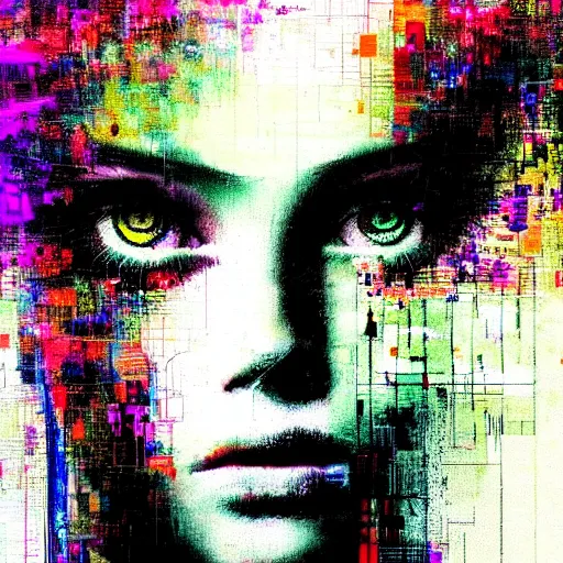 Prompt: portrait of a youthful beautiful women, mysterious, glitch effects over the eyes, colorful eyes, fading, by Guy Denning, by Johannes Itten, by Russ Mills, centered, glitch art, polished, digital tech effects, clear skin, hacking effects, symmetrical, chromatic, cyberpunk, color blocking!, digital art, concept art, abstract