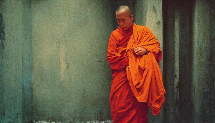 Image similar to 7 0 s film still from a horror movie about a buddhist monk, kodachrome, cinecolor, cinestill, film grain, film texture, retro, cinematic, high resolution, photorealism,