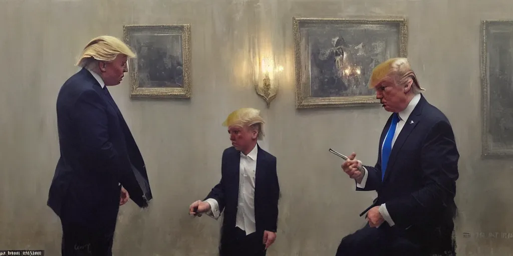 Image similar to character art by ruan jia, young donald trump paints a portrait of himself older at mar - a - lago