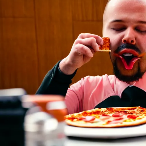 Prompt: gopro footage of a man made out of hotdogs eating a slice of pizza in a court room, iso 2 0 0, depth of field, cinematic, volumetric lighting