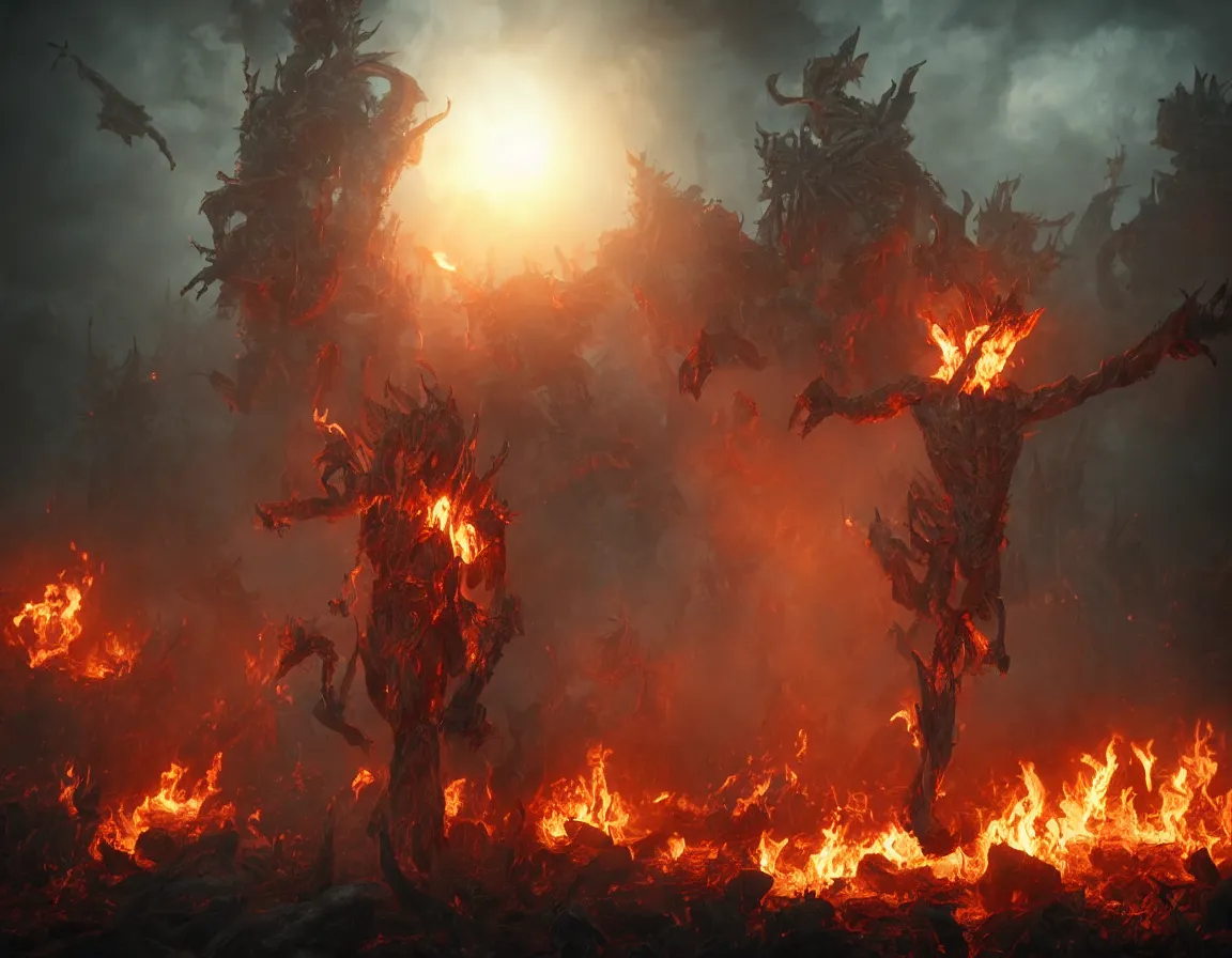 Image similar to undead in burning hell trying to reach for heaven above. artstation. highly detailed painting. realistic. cinematic. volumetric lighting. octane render.