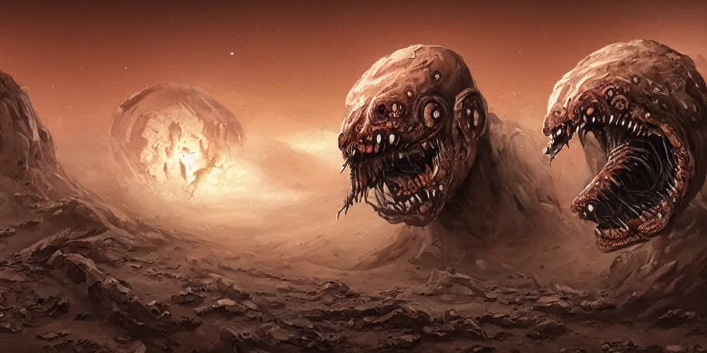 Image similar to An eldritch monster found on Mars, terrified astronauts running away, horror cinematic concept art