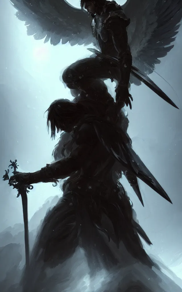 Image similar to dark blizzard art, portrait of fallen man angel kneeling with a sword and wings, bokeh. dark art masterpiece artstation. 8k, sharp high quality illustration in style of Jose Daniel Cabrera Pena and Leonid Kozienko, concept art by Tooth Wu