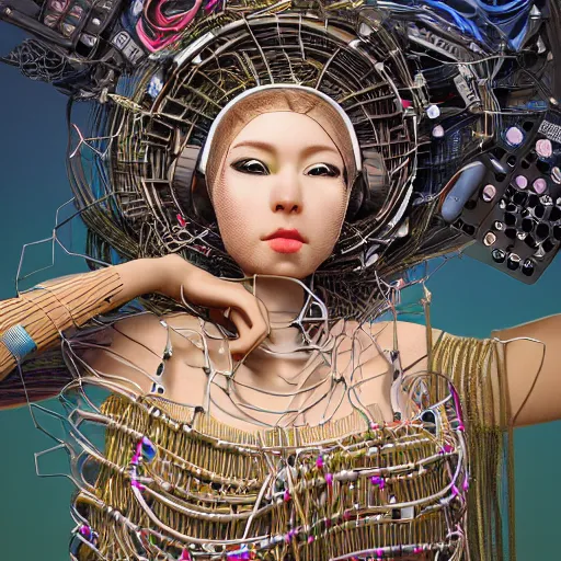 Image similar to piles of modular synth cables mixed with mangrove roots mixed with old video game consoles, kawaii puerto rican goddess chilling out wearing a headpiece made of circuit boards, by cameron gray, wlop, stanley kubrick, masamune, hideki anno, jamie hewlett, unique perspective, epic, trending on artstation, photorealistic, 3 d render, vivid