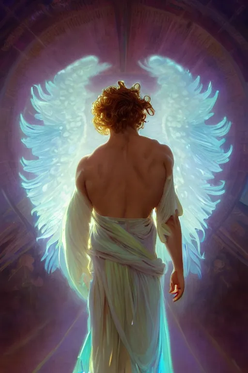 Image similar to portrait of a beautiful young fit male angel with curly blond hairs, dressed with fluent clothes, luminous scene, by greg rutkowski and alphonse mucha, d & d character, gradient white to cyan, in front of an iridescent background, highly detailed portrait, digital painting, artstation, concept art, smooth, sharp focus ilustration, artstation hq