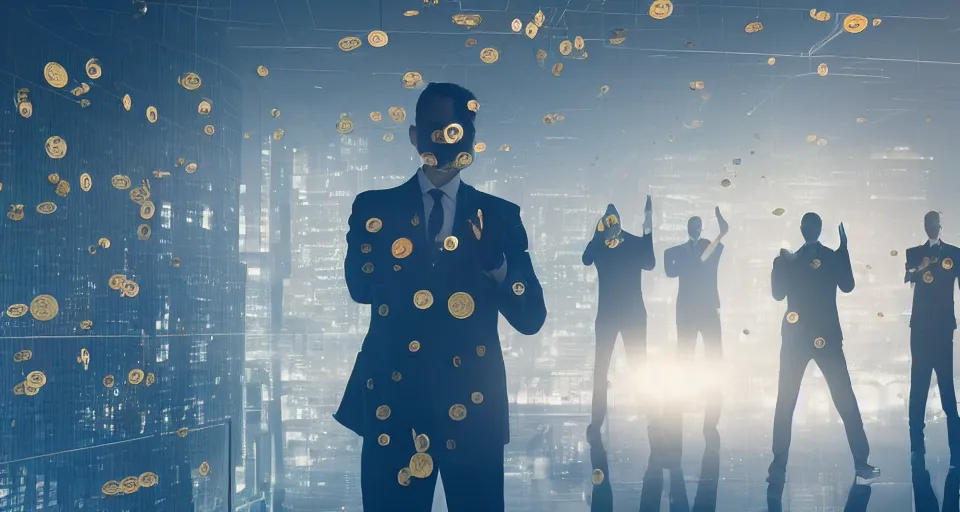 Image similar to Dramatic photo of a CEO waving goodbye to a group of silhouettes of his coworkers in a futuristic office. Golden coins are levitating all around them. 8k, high detail, trending on Artstation, volumetric lighting, cyberpunk