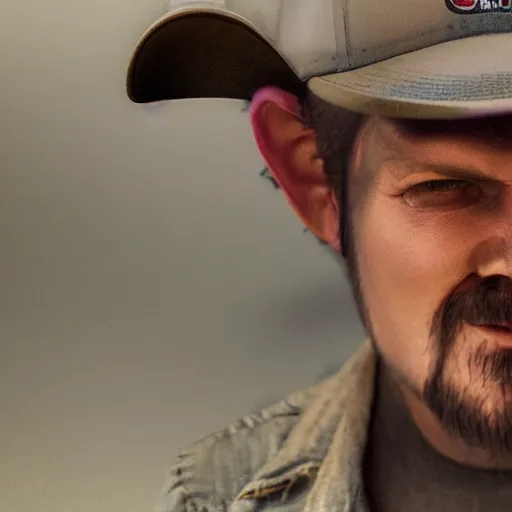 Image similar to hyperrealistic dslr film still of amorphous squid disguised as redneck with trucker hat, stunning 8 k octane comprehensive 3 d render, inspired by istvan sandorfi & greg rutkowski & unreal engine, perfect symmetry, dim volumetric cinematic lighting, extremely hyper - detailed, extremely lifelike attributes & lifelike texture, intricate, masterpiece, artstation, stunning