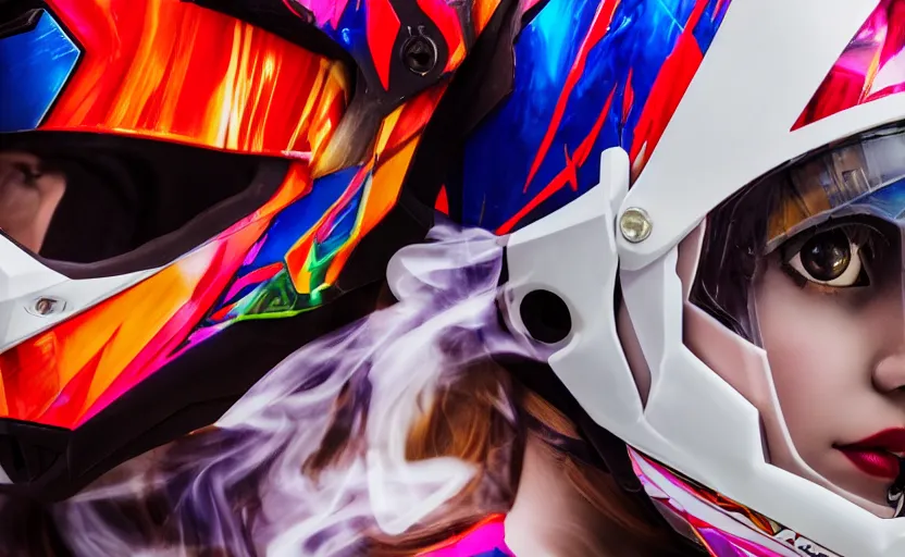 Image similar to beautifully lit medium close up photo of a white marble statue of an anime girl with colorful motocross logos and motorcycle helmet with closed visor, colorful smoke in the background, carved marble statue, fine art, neon genesis evangelion, virgil abloh, offwhite, denoise, highly detailed, 8 k, hyperreal