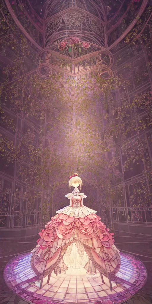 Image similar to the beautiful hyperdetailed physical rendering of a single rose wedding gothic lolita dress clothing design display in exhibition hall, perfectly shaded, atmospheric lighting, in the style of makoto shinkai louis comfort tiffany and louis comfort tiffany stanley artgerm lau wlop rossdraws beeple, surrealistic style, 8 k hd, 3 drender