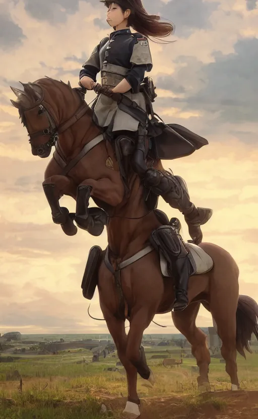 Prompt: panoramic view, a girl riding a horse, soldier clothing, battlefield in background, anime style, hair down, symmetrical facial features, realistic hands, from arknights, hyper realistic, 4 k, extreme detail, cavalry, trending artstation, safebooru, realistic lighting, by alphonse mucha, greg rutkowski, sharp focus