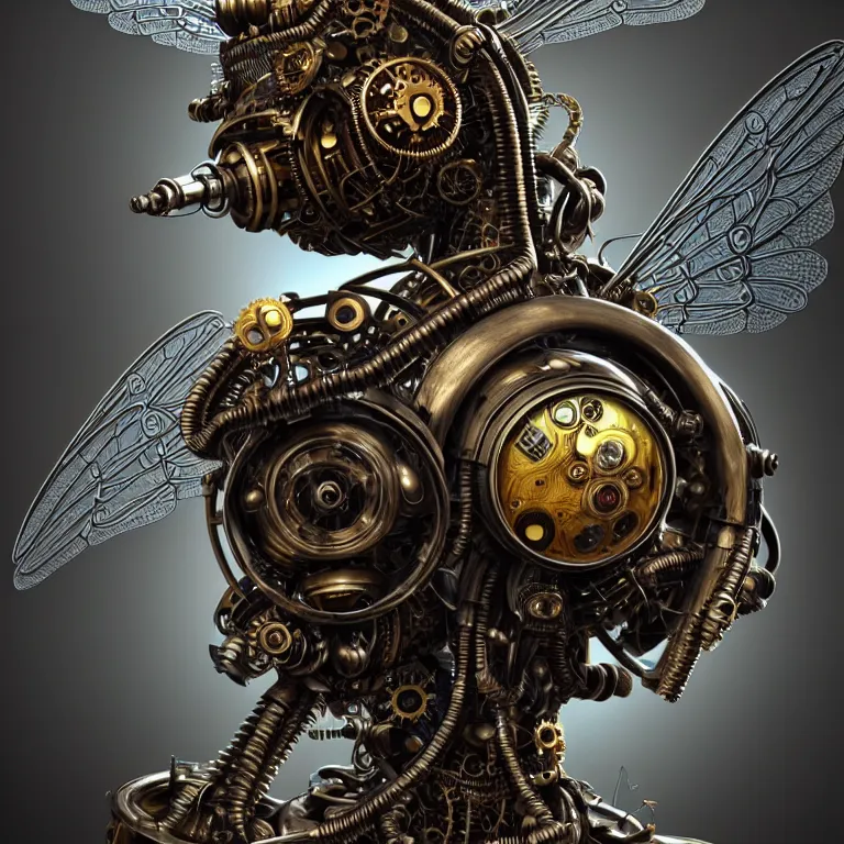Prompt: steampunk cybernetic biomechanical bee with wings, 3 d model, very coherent symmetrical artwork, unreal engine realistic render, 8 k, micro detail, intricate, elegant, highly detailed, centered, digital painting, artstation, smooth, sharp focus, illustration, artgerm, tomasz alen kopera, wlop