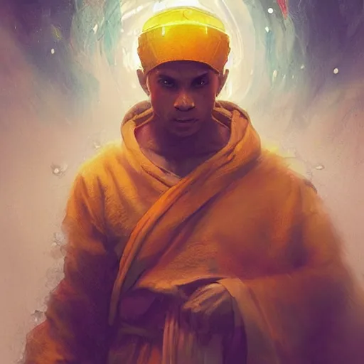 Prompt: a wise monk meditates under a waterfallto pieces with glowing yelow visor as a realistic, torso, art by james jean and greg rutkowski!!, realistic face, like fantasy, digital art, art, trending on artstation, 8 k